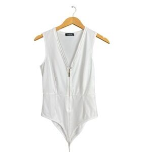 Chic Me Women White Bodysuit Size Small Gold Zipper